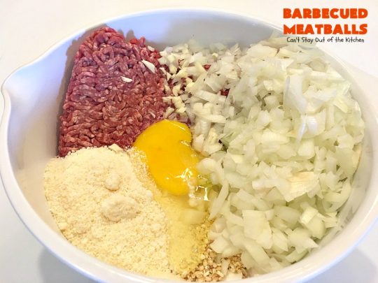 Barbecued Meatballs | Can't Stay Out of the Kitchen | this mouthwatering #slowcooker dish is great as an #appetizer or served over rice for a main dish. Homemade #BBQ sauce is wonderful. The #meatballs are #glutenfree.