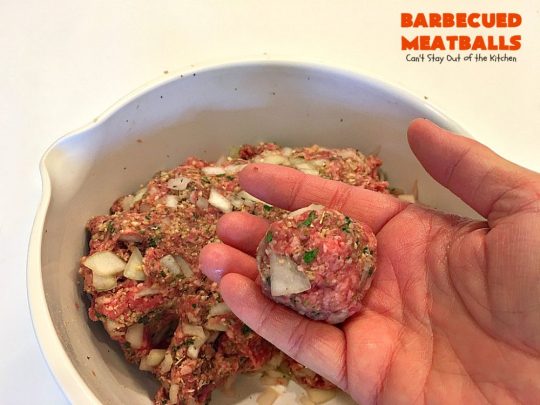 Barbecued Meatballs | Can't Stay Out of the Kitchen | this mouthwatering #slowcooker dish is great as an #appetizer or served over rice for a main dish. Homemade #BBQ sauce is wonderful. The #meatballs are #glutenfree.