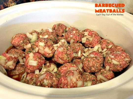 Barbecued Meatballs | Can't Stay Out of the Kitchen | this mouthwatering #slowcooker dish is great as an #appetizer or served over rice for a main dish. Homemade #BBQ sauce is wonderful. The #meatballs are #glutenfree.