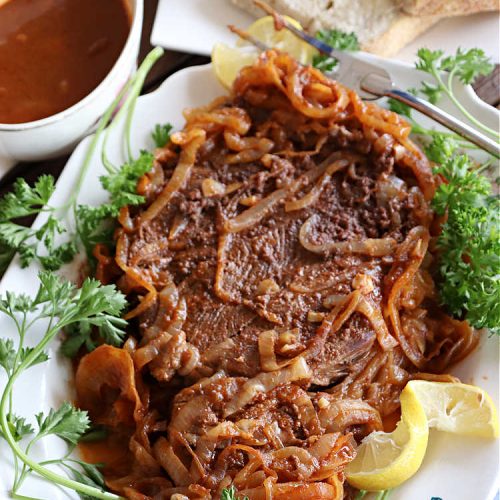 Barbecued Pot Roast | Can't Stay Out of the Kitchen | This delicious #BeefChuckRoast is simple & easy to make right on the stove top. #Garlic, #onions & a tangy homemade #BarbecueSauce flavor the #beef wonderfully. Great #entree for company meals too. #BBQ #ChuckRoast #BeefRoast #BarbecuedPotRoast