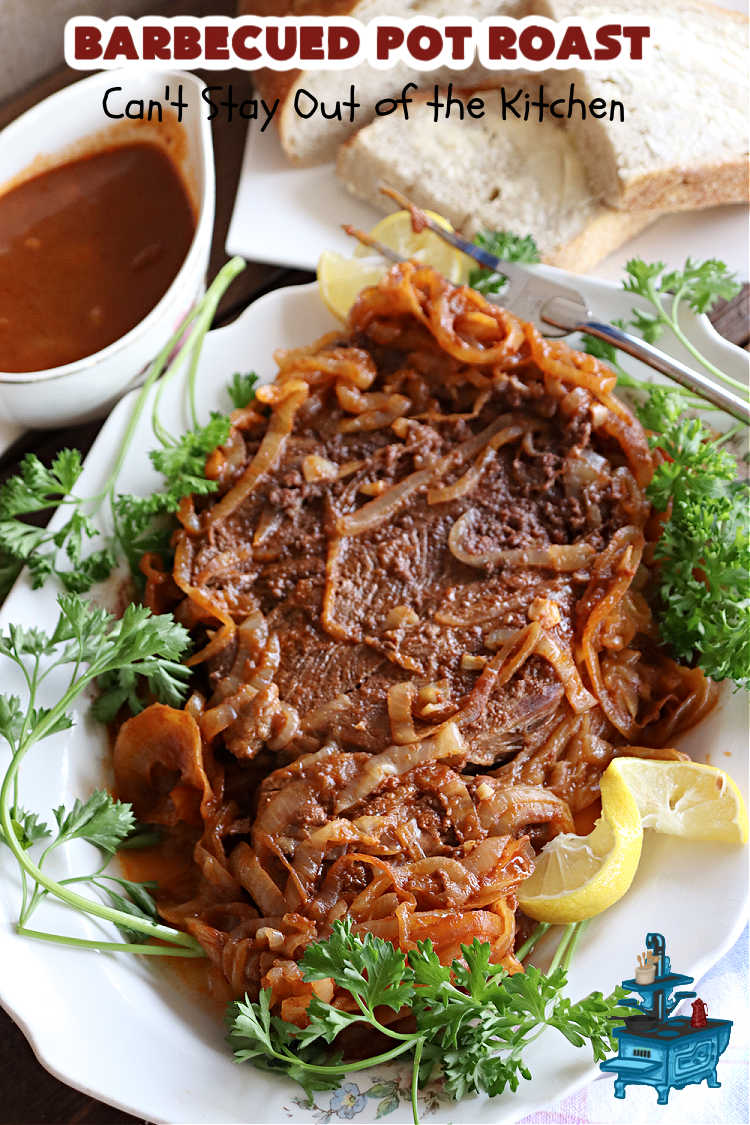 Barbecued Pot Roast | Can't Stay Out of the Kitchen | This delicious #BeefChuckRoast is simple & easy to make right on the stove top. #Garlic, #onions & a tangy homemade #BarbecueSauce flavor the #beef wonderfully. Great #entree for company meals too. #BBQ #ChuckRoast #BeefRoast #BarbecuedPotRoast