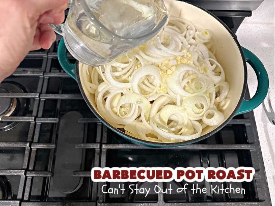 Barbecued Pot Roast | Can't Stay Out of the Kitchen | This delicious #BeefChuckRoast is simple & easy to make right on the stove top. #Garlic, #onions & a tangy homemade #BarbecueSauce flavor the #beef wonderfully. Great #entree for company meals too. #BBQ #ChuckRoast #BeefRoast #BarbecuedPotRoast
