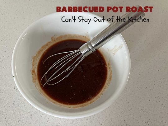 Barbecued Pot Roast | Can't Stay Out of the Kitchen | This delicious #BeefChuckRoast is simple & easy to make right on the stove top. #Garlic, #onions & a tangy homemade #BarbecueSauce flavor the #beef wonderfully. Great #entree for company meals too. #BBQ #ChuckRoast #BeefRoast #BarbecuedPotRoast