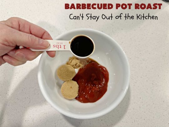Barbecued Pot Roast | Can't Stay Out of the Kitchen | This delicious #BeefChuckRoast is simple & easy to make right on the stove top. #Garlic, #onions & a tangy homemade #BarbecueSauce flavor the #beef wonderfully. Great #entree for company meals too. #BBQ #ChuckRoast #BeefRoast #BarbecuedPotRoast
