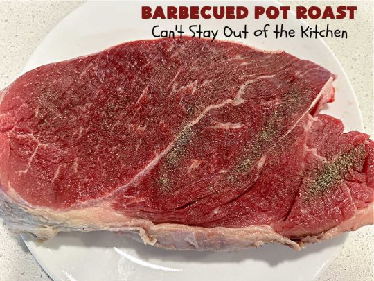 Barbecued Pot Roast | Can't Stay Out of the Kitchen | This delicious #BeefChuckRoast is simple & easy to make right on the stove top. #Garlic, #onions & a tangy homemade #BarbecueSauce flavor the #beef wonderfully. Great #entree for company meals too. #BBQ #ChuckRoast #BeefRoast #BarbecuedPotRoast