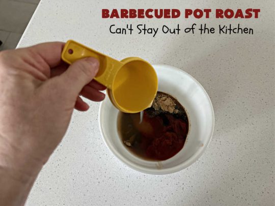 Barbecued Pot Roast | Can't Stay Out of the Kitchen | This delicious #BeefChuckRoast is simple & easy to make right on the stove top. #Garlic, #onions & a tangy homemade #BarbecueSauce flavor the #beef wonderfully. Great #entree for company meals too. #BBQ #ChuckRoast #BeefRoast #BarbecuedPotRoast