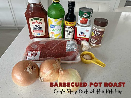 Barbecued Pot Roast | Can't Stay Out of the Kitchen | This delicious #BeefChuckRoast is simple & easy to make right on the stove top. #Garlic, #onions & a tangy homemade #BarbecueSauce flavor the #beef wonderfully. Great #entree for company meals too. #BBQ #ChuckRoast #BeefRoast #BarbecuedPotRoast