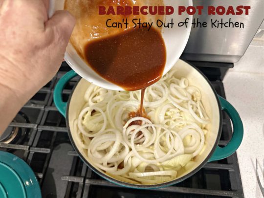 Barbecued Pot Roast | Can't Stay Out of the Kitchen | This delicious #BeefChuckRoast is simple & easy to make right on the stove top. #Garlic, #onions & a tangy homemade #BarbecueSauce flavor the #beef wonderfully. Great #entree for company meals too. #BBQ #ChuckRoast #BeefRoast #BarbecuedPotRoast