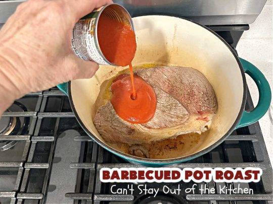 Barbecued Pot Roast | Can't Stay Out of the Kitchen | This delicious #BeefChuckRoast is simple & easy to make right on the stove top. #Garlic, #onions & a tangy homemade #BarbecueSauce flavor the #beef wonderfully. Great #entree for company meals too. #BBQ #ChuckRoast #BeefRoast #BarbecuedPotRoast
