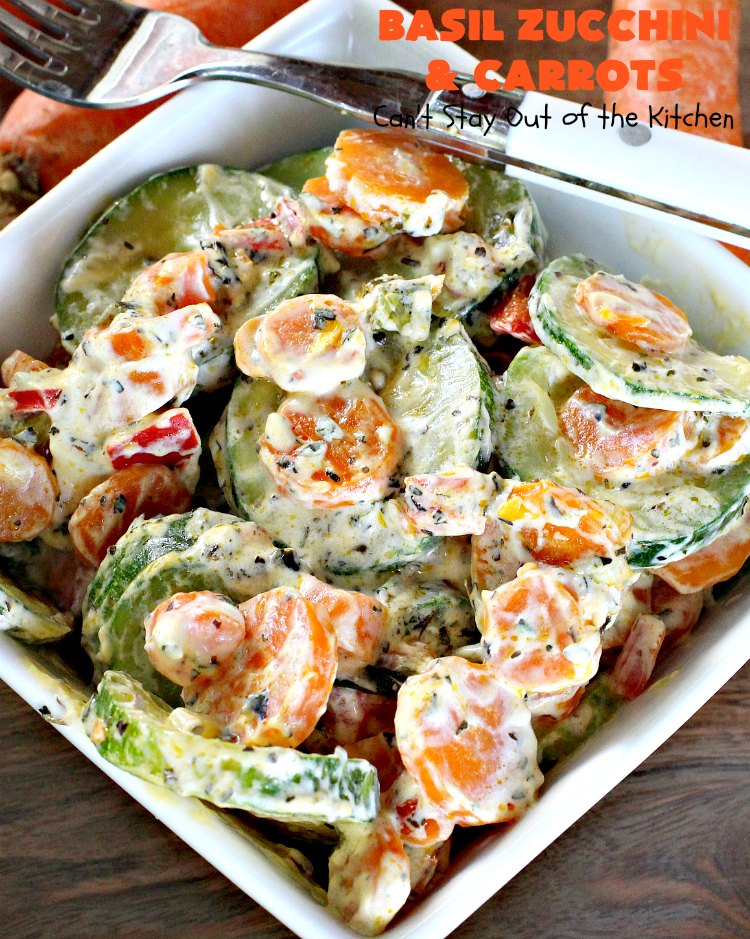 Basil Zucchini and Carrots | Can't Stay Out of the Kitchen | this quick & easy #recipe is terrific for weeknight suppers, or #holiday or company dinners. It tastes wonderful & only uses a handful of ingredients! #Zucchini #carrots #glutenFree #HolidaySideDish #BasilZucchiniAndCarrots