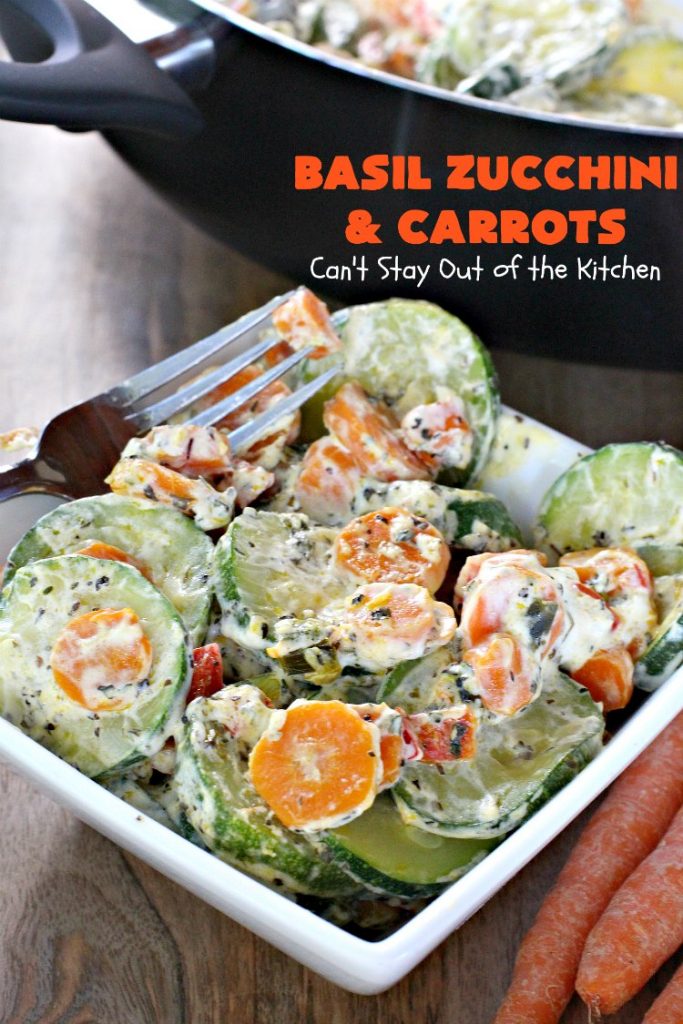 Basil Zucchini and Carrots | Can't Stay Out of the Kitchen | this quick & easy #recipe is terrific for weeknight suppers, or #holiday or company dinners. It tastes wonderful & only uses a handful of ingredients! #Zucchini #carrots #glutenFree #HolidaySideDish #BasilZucchiniAndCarrots