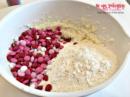 Be My Valentine M&M Cookies | Can't Stay Out of the Kitchen | these outrageous #cookies are perfect for any occasion. Just switch out the colored sugar crystals used. #ParadiseCafe #copycat recipe. #dessert #M&Ms #Valentine'sDay