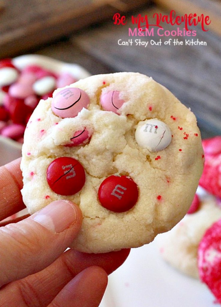 Be My Valentine M&M Cookies | Can't Stay Out of the Kitchen | these outrageous #cookies are perfect for any occasion. Just switch out the colored sugar crystals used. #ParadiseCafe #copycat recipe. #dessert #M&Ms #Valentine'sDay