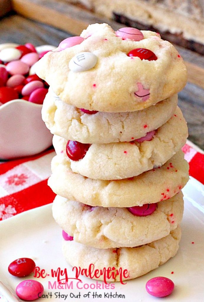 Be My Valentine M&M Cookies | Can't Stay Out of the Kitchen | these outrageous #cookies are perfect for any occasion. Just switch out the colored sugar crystals used. #ParadiseCafe #copycat recipe. #dessert #M&Ms #Valentine'sDay