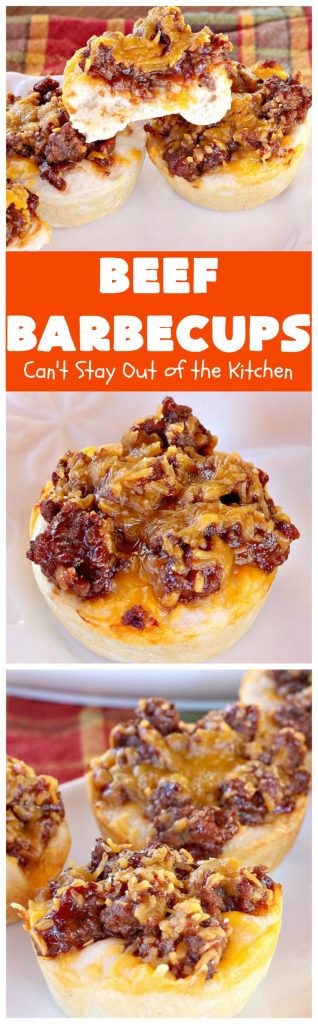 Beef Barbecups | Can't Stay Out of the Kitchen | these fantastic #appetizers use ground #beef, #SweetBabyRays #BBQ sauce & #cheddarcheese. This is a super easy 6-ingredient recipe that's terrific for #tailgating, #NewYearsEve or #SuperBowl parties.