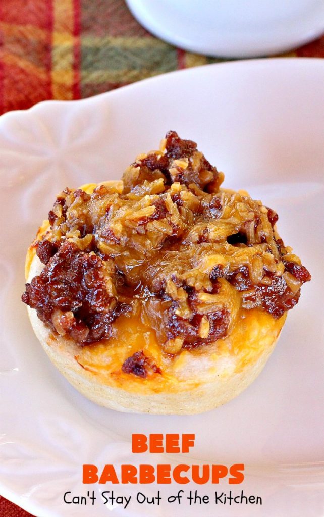 Beef Barbecups | Can't Stay Out of the Kitchen | these fantastic #appetizers use ground #beef, #SweetBabyRays #BBQ sauce & #cheddarcheese. This is a super easy 6-ingredient recipe that's terrific for #tailgating, #NewYearsEve or #SuperBowl parties.