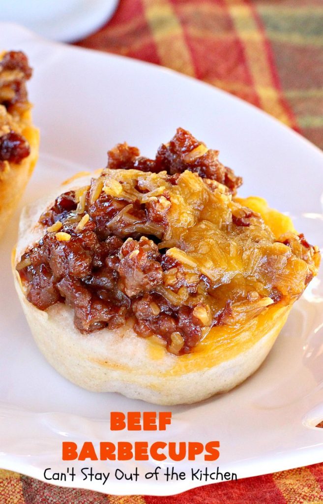 Beef Barbecups | Can't Stay Out of the Kitchen | these fantastic #appetizers use ground #beef, #SweetBabyRays #BBQ sauce & #cheddarcheese. This is a super easy 6-ingredient recipe that's terrific for #tailgating, #NewYearsEve or #SuperBowl parties.