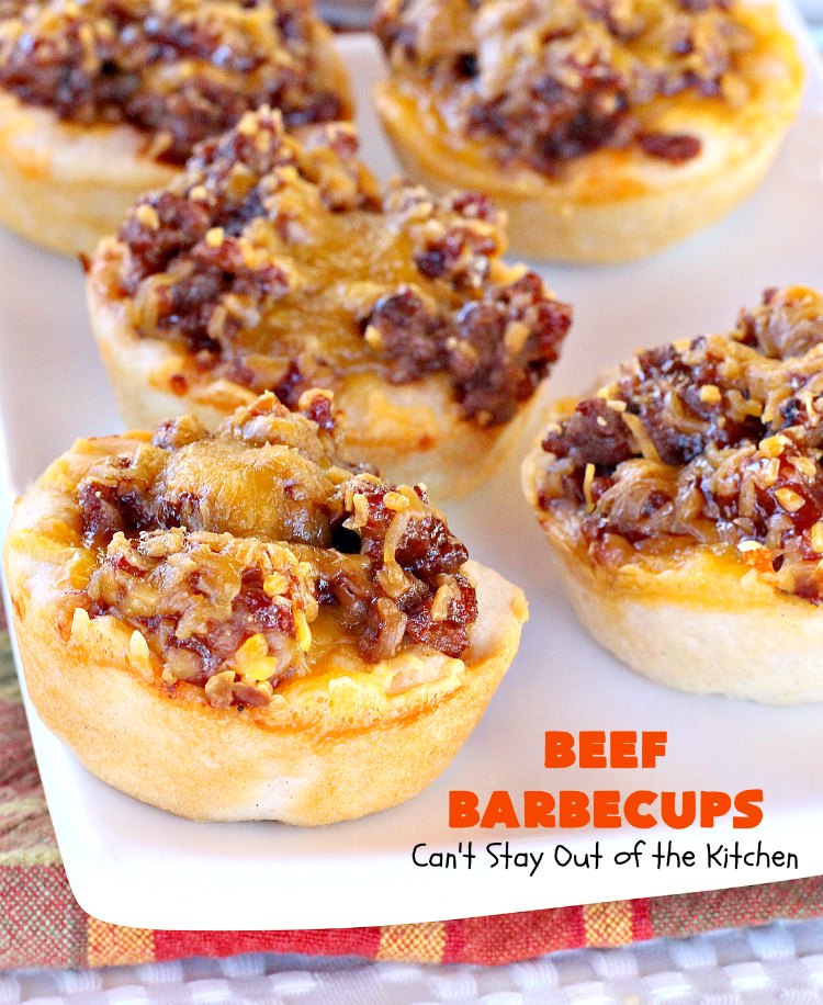 Beef Barbecups | Can't Stay Out of the Kitchen | these fantastic #appetizers use ground #beef, #SweetBabyRays #BBQ sauce & #cheddarcheese. This is a super easy 6-ingredient recipe that's terrific for #tailgating, #NewYearsEve or #SuperBowl parties.