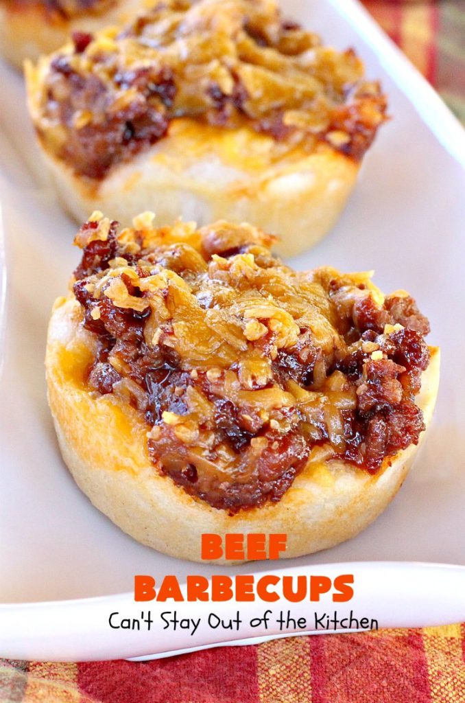 Beef Barbecups | Can't Stay Out of the Kitchen | these fantastic #appetizers use ground #beef, #SweetBabyRays #BBQ sauce & #cheddarcheese. This is a super easy 6-ingredient recipe that's terrific for #tailgating, #NewYearsEve or #SuperBowl parties.