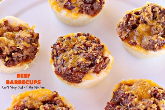 Beef Barbecups | Can't Stay Out of the Kitchen | these fantastic #appetizers use ground #beef, #SweetBabyRays #BBQ sauce & #cheddarcheese. This is a super easy 6-ingredient recipe that's terrific for #tailgating, #NewYearsEve or #SuperBowl parties.