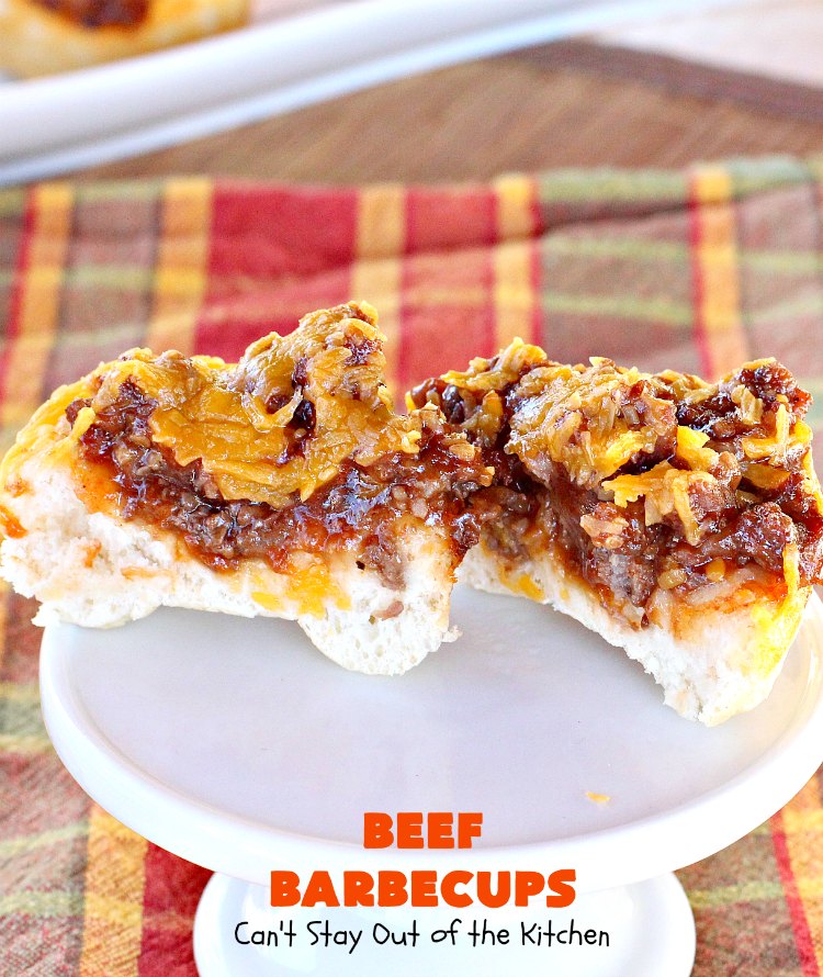 Beef Barbecups | Can't Stay Out of the Kitchen | these fantastic #appetizers use ground #beef, #SweetBabyRays #BBQ sauce & #cheddarcheese. This is a super easy 6-ingredient recipe that's terrific for #tailgating, #NewYearsEve or #SuperBowl parties.