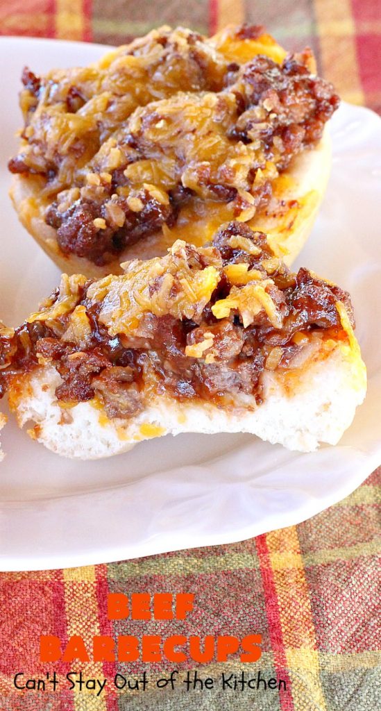 Beef Barbecups | Can't Stay Out of the Kitchen | these fantastic #appetizers use ground #beef, #SweetBabyRays #BBQ sauce & #cheddarcheese. This is a super easy 6-ingredient recipe that's terrific for #tailgating, #NewYearsEve or #SuperBowl parties.