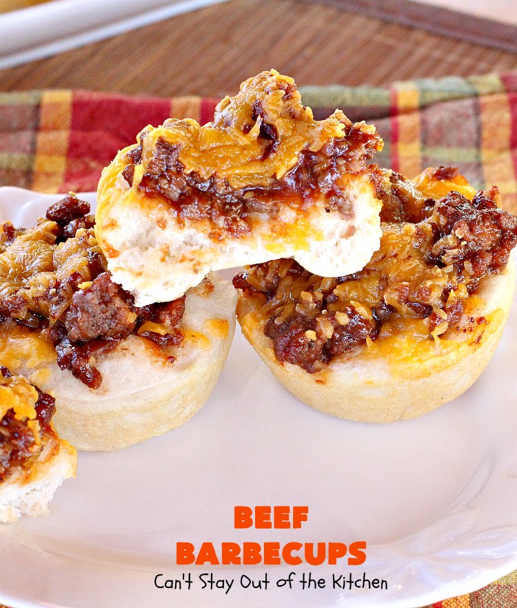 Beef Barbecups | Can't Stay Out of the Kitchen | these fantastic #appetizers use ground #beef, #SweetBabyRays #BBQ sauce & #cheddarcheese. This is a super easy 6-ingredient recipe that's terrific for #tailgating, #NewYearsEve or #SuperBowl parties.