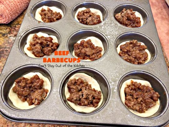 Beef Barbecups | Can't Stay Out of the Kitchen | these fantastic #appetizers use ground #beef, #SweetBabyRays #BBQ sauce & #cheddarcheese. This is a super easy 6-ingredient recipe that's terrific for #tailgating, #NewYearsEve or #SuperBowl parties.