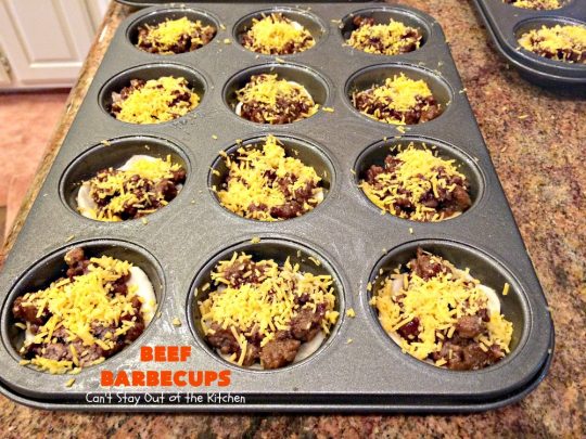 Beef Barbecups | Can't Stay Out of the Kitchen | these fantastic #appetizers use ground #beef, #SweetBabyRays #BBQ sauce & #cheddarcheese. This is a super easy 6-ingredient recipe that's terrific for #tailgating, #NewYearsEve or #SuperBowl parties.
