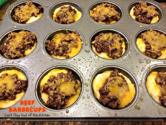 Beef Barbecups | Can't Stay Out of the Kitchen | these fantastic #appetizers use ground #beef, #SweetBabyRays #BBQ sauce & #cheddarcheese. This is a super easy 6-ingredient recipe that's terrific for #tailgating, #NewYearsEve or #SuperBowl parties.