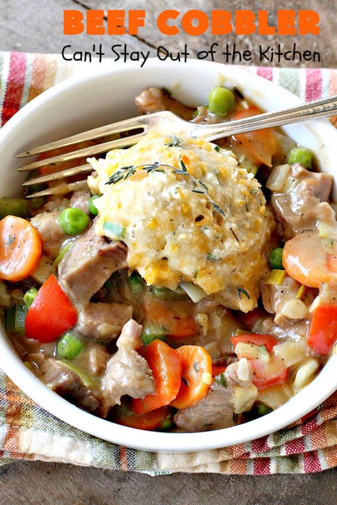 Beef Cobbler | Can't Stay Out of the Kitchen | this sumptuous #beef entree is so hearty, filling and satisfying. It's the perfect comfort food for cold, winter nights. #beefpotpie #biscuits 