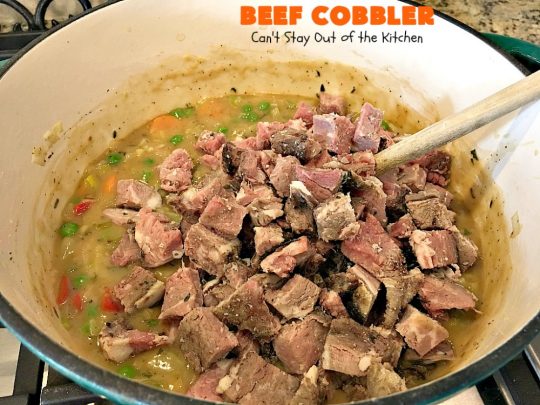 Beef Cobbler | Can't Stay Out of the Kitchen | this sumptuous #beef entree is so hearty, filling and satisfying. It's the perfect comfort food for cold, winter nights. #beefpotpie #biscuits 