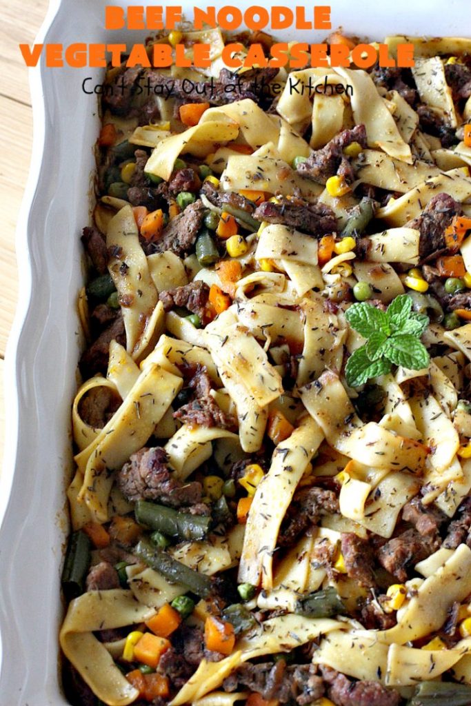 Beef Noodle Vegetable Casserole | Can't Stay Out of the Kitchen | this makes the best comfort food meal ever! The #recipe uses #StewBeef or #steak, #AmishNoodles, mixed vegetables, #Beef #Consomme #FrenchOnionSoup & #GoldenMushroomSoup. The flavors are terrific. Hearty, filling and so satisfying. #BeefNoodleCasserole #BeefNoodleVegetableCasserole #noodles #pasta 
