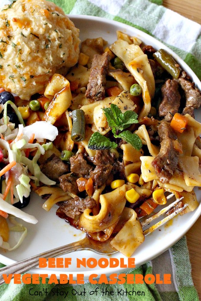 Beef Noodle Vegetable Casserole | Can't Stay Out of the Kitchen | this makes the best comfort food meal ever! The #recipe uses #StewBeef or #steak, #AmishNoodles, mixed vegetables, #Beef #Consomme #FrenchOnionSoup & #GoldenMushroomSoup. The flavors are terrific. Hearty, filling and so satisfying. #BeefNoodleCasserole #BeefNoodleVegetableCasserole #noodles #pasta 