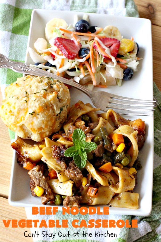 Beef Noodle Vegetable Casserole | Can't Stay Out of the Kitchen | this makes the best comfort food meal ever! The #recipe uses #StewBeef or #steak, #AmishNoodles, mixed vegetables, #Beef #Consomme #FrenchOnionSoup & #GoldenMushroomSoup. The flavors are terrific. Hearty, filling and so satisfying. #BeefNoodleCasserole #BeefNoodleVegetableCasserole #noodles #pasta 