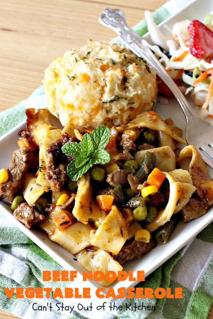 Beef Noodle Vegetable Casserole | Can't Stay Out of the Kitchen | this makes the best comfort food meal ever! The #recipe uses #StewBeef or #steak, #AmishNoodles, mixed vegetables, #Beef #Consomme #FrenchOnionSoup & #GoldenMushroomSoup. The flavors are terrific. Hearty, filling and so satisfying. #BeefNoodleCasserole #BeefNoodleVegetableCasserole #noodles #pasta 