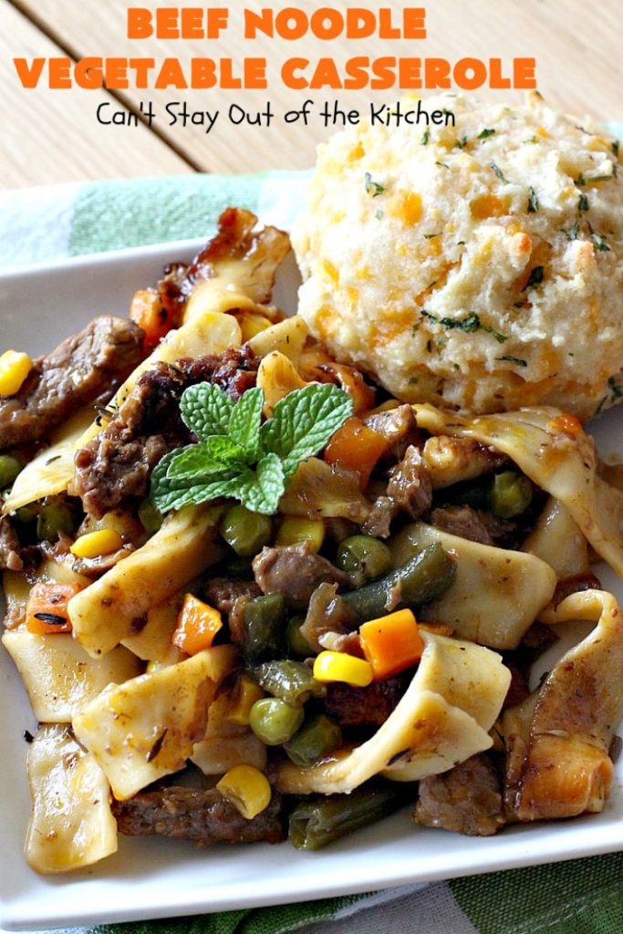 Beef Noodle Vegetable Casserole | Can't Stay Out of the Kitchen | this makes the best comfort food meal ever! The #recipe uses #StewBeef or #steak, #AmishNoodles, mixed vegetables, #Beef #Consomme #FrenchOnionSoup & #GoldenMushroomSoup. The flavors are terrific. Hearty, filling and so satisfying. #BeefNoodleCasserole #BeefNoodleVegetableCasserole #noodles #pasta 