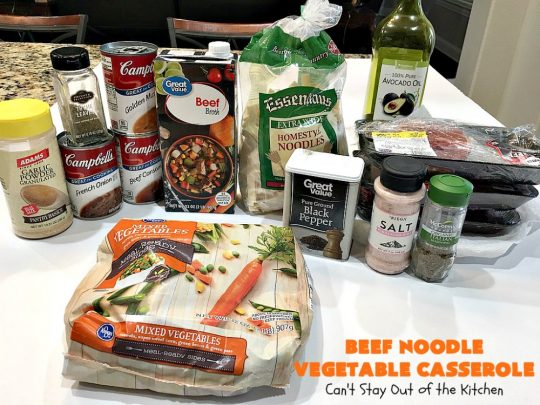 Beef Noodle Vegetable Casserole | Can't Stay Out of the Kitchen | this makes the best comfort food meal ever! The #recipe uses #StewBeef or #steak, #AmishNoodles, mixed vegetables, #Beef #Consomme #FrenchOnionSoup & #GoldenMushroomSoup. The flavors are terrific. Hearty, filling and so satisfying. #BeefNoodleCasserole #BeefNoodleVegetableCasserole #noodles #pasta 