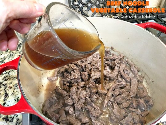 Beef Noodle Vegetable Casserole | Can't Stay Out of the Kitchen | this makes the best comfort food meal ever! The #recipe uses #StewBeef or #steak, #AmishNoodles, mixed vegetables, #Beef #Consomme #FrenchOnionSoup & #GoldenMushroomSoup. The flavors are terrific. Hearty, filling and so satisfying. #BeefNoodleCasserole #BeefNoodleVegetableCasserole #noodles #pasta 