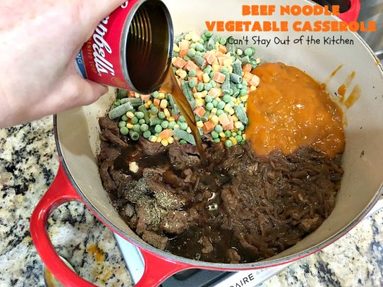 Beef Noodle Vegetable Casserole | Can't Stay Out of the Kitchen | this makes the best comfort food meal ever! The #recipe uses #StewBeef or #steak, #AmishNoodles, mixed vegetables, #Beef #Consomme #FrenchOnionSoup & #GoldenMushroomSoup. The flavors are terrific. Hearty, filling and so satisfying. #BeefNoodleCasserole #BeefNoodleVegetableCasserole #noodles #pasta 