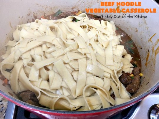 Beef Noodle Vegetable Casserole | Can't Stay Out of the Kitchen | this makes the best comfort food meal ever! The #recipe uses #StewBeef or #steak, #AmishNoodles, mixed vegetables, #Beef #Consomme #FrenchOnionSoup & #GoldenMushroomSoup. The flavors are terrific. Hearty, filling and so satisfying. #BeefNoodleCasserole #BeefNoodleVegetableCasserole #noodles #pasta 