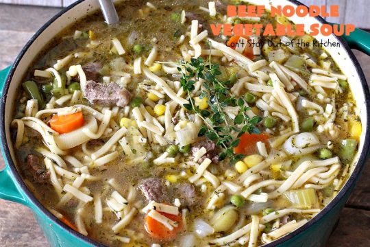Beef Noodle Vegetable Soup | Can't Stay Out of the Kitchen | this fantastic #soup uses my favorite #Amish #noodles, #StewBeef & lots of #veggies. The seasonings make the taste awesome. It's terrific comfort food for #fall or winter meals. Our company loved this #recipe. #AmishNoodles #carrots #peas #corn #GreenBeans #beef #BeefNoodleVegetableSoup