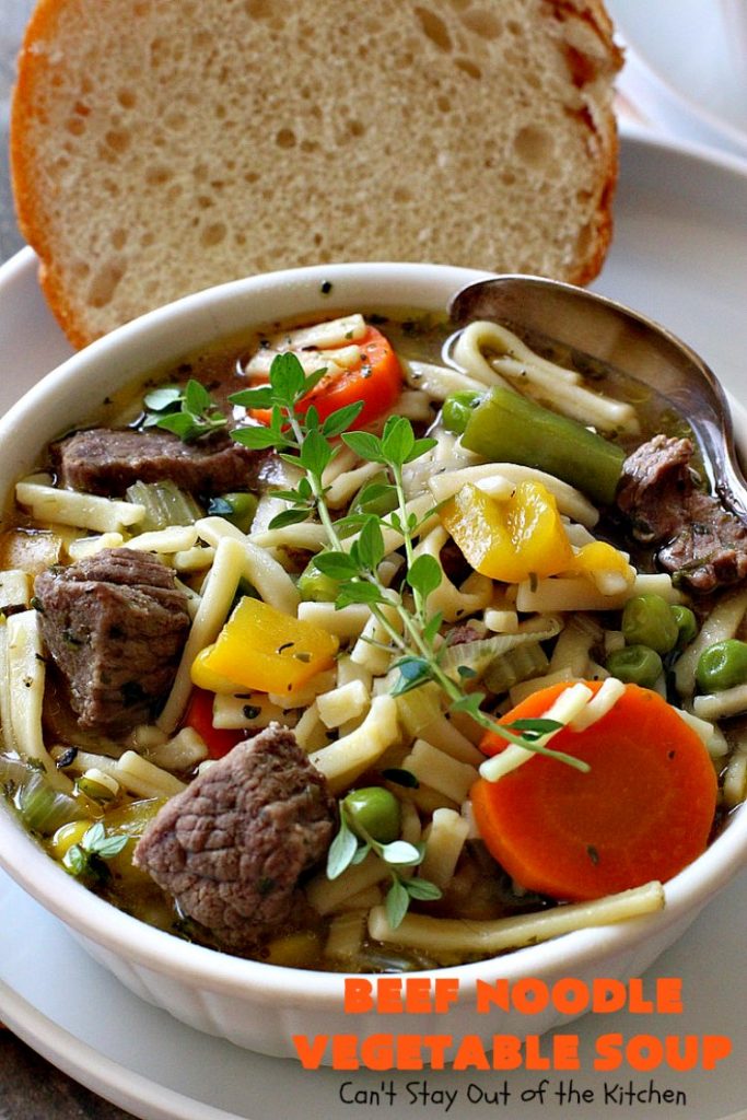 Beef Noodle Vegetable Soup | Can't Stay Out of the Kitchen | this fantastic #soup uses my favorite #Amish #noodles, #StewBeef & lots of #veggies. The seasonings make the taste awesome. It's terrific comfort food for #fall or winter meals. Our company loved this #recipe. #AmishNoodles #carrots #peas #corn #GreenBeans #beef #BeefNoodleVegetableSoup