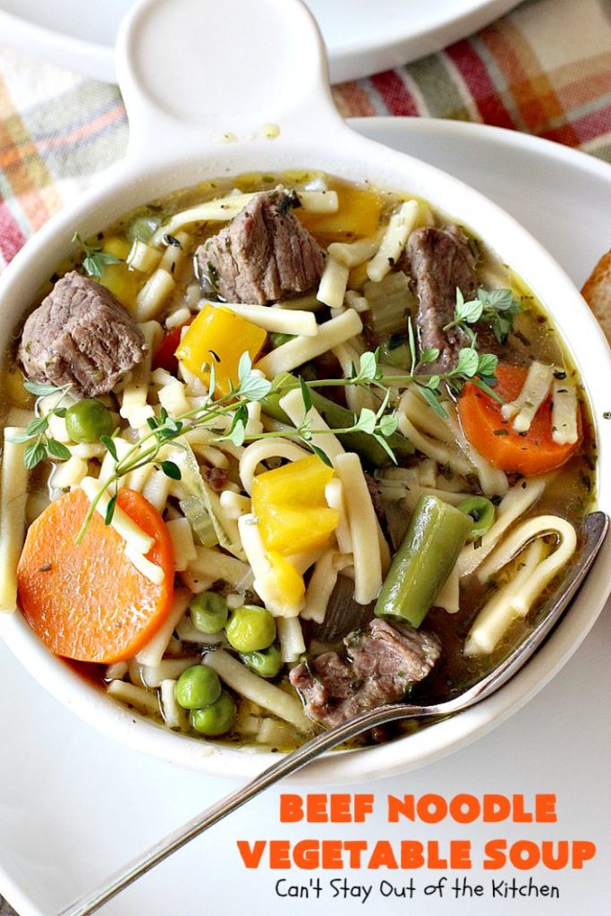 Beef Noodle Vegetable Soup | Can't Stay Out of the Kitchen | this fantastic #soup uses my favorite #Amish #noodles, #StewBeef & lots of #veggies. The seasonings make the taste awesome. It's terrific comfort food for #fall or winter meals. Our company loved this #recipe. #AmishNoodles #carrots #peas #corn #GreenBeans #beef #BeefNoodleVegetableSoup