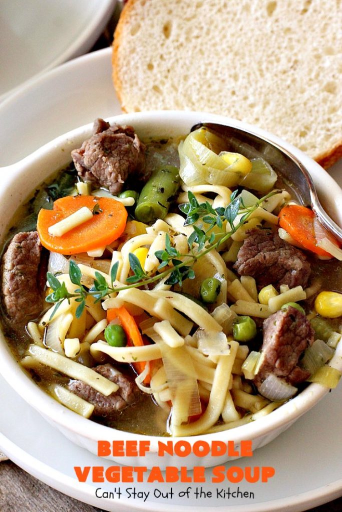 Beef Noodle Vegetable Soup | Can't Stay Out of the Kitchen | this fantastic #soup uses my favorite #Amish #noodles, #StewBeef & lots of #veggies. The seasonings make the taste awesome. It's terrific comfort food for #fall or winter meals. Our company loved this #recipe. #AmishNoodles #carrots #peas #corn #GreenBeans #beef #BeefNoodleVegetableSoup
