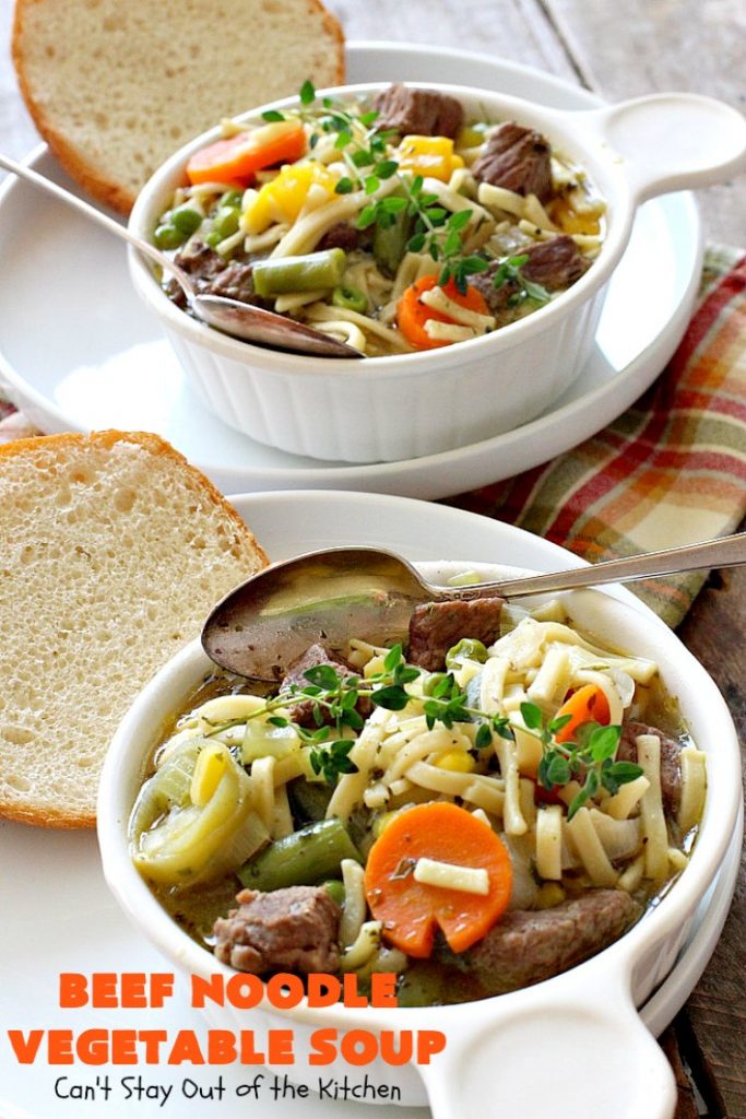 Beef Noodle Vegetable Soup | Can't Stay Out of the Kitchen | this fantastic #soup uses my favorite #Amish #noodles, #StewBeef & lots of #veggies. The seasonings make the taste awesome. It's terrific comfort food for #fall or winter meals. Our company loved this #recipe. #AmishNoodles #carrots #peas #corn #GreenBeans #beef #BeefNoodleVegetableSoup