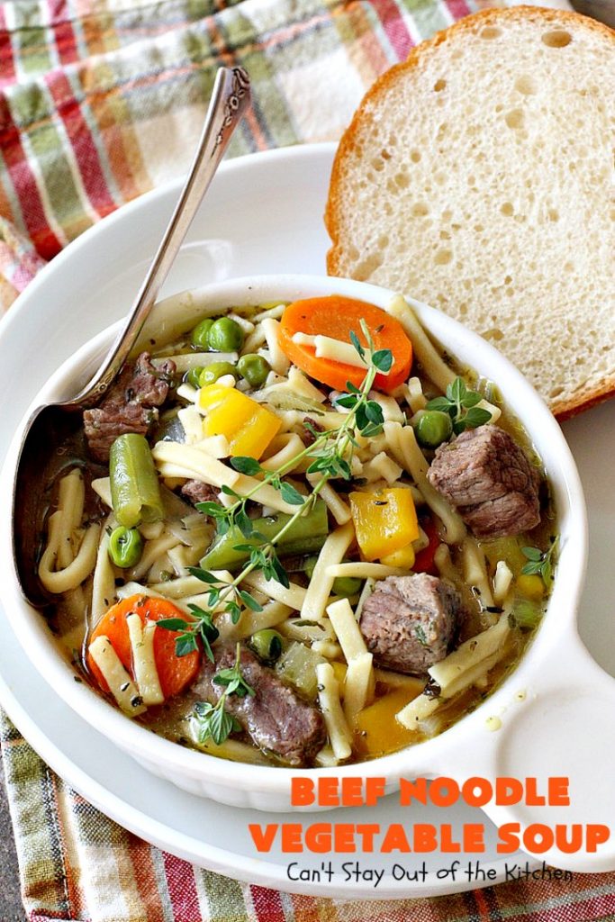 Beef Noodle Vegetable Soup | Can't Stay Out of the Kitchen | this fantastic #soup uses my favorite #Amish #noodles, #StewBeef & lots of #veggies. The seasonings make the taste awesome. It's terrific comfort food for #fall or winter meals. Our company loved this #recipe. #AmishNoodles #carrots #peas #corn #GreenBeans #beef #BeefNoodleVegetableSoup