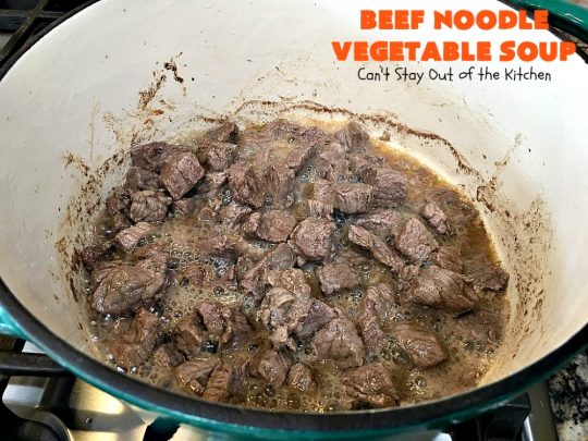Beef Noodle Vegetable Soup | Can't Stay Out of the Kitchen | this fantastic #soup uses my favorite #Amish #noodles, #StewBeef & lots of #veggies. The seasonings make the taste awesome. It's terrific comfort food for #fall or winter meals. Our company loved this #recipe. #AmishNoodles #carrots #peas #corn #GreenBeans #beef #BeefNoodleVegetableSoup