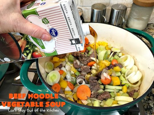 Beef Noodle Vegetable Soup | Can't Stay Out of the Kitchen | this fantastic #soup uses my favorite #Amish #noodles, #StewBeef & lots of #veggies. The seasonings make the taste awesome. It's terrific comfort food for #fall or winter meals. Our company loved this #recipe. #AmishNoodles #carrots #peas #corn #GreenBeans #beef #BeefNoodleVegetableSoup