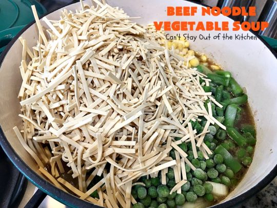 Beef Noodle Vegetable Soup | Can't Stay Out of the Kitchen | this fantastic #soup uses my favorite #Amish #noodles, #StewBeef & lots of #veggies. The seasonings make the taste awesome. It's terrific comfort food for #fall or winter meals. Our company loved this #recipe. #AmishNoodles #carrots #peas #corn #GreenBeans #beef #BeefNoodleVegetableSoup